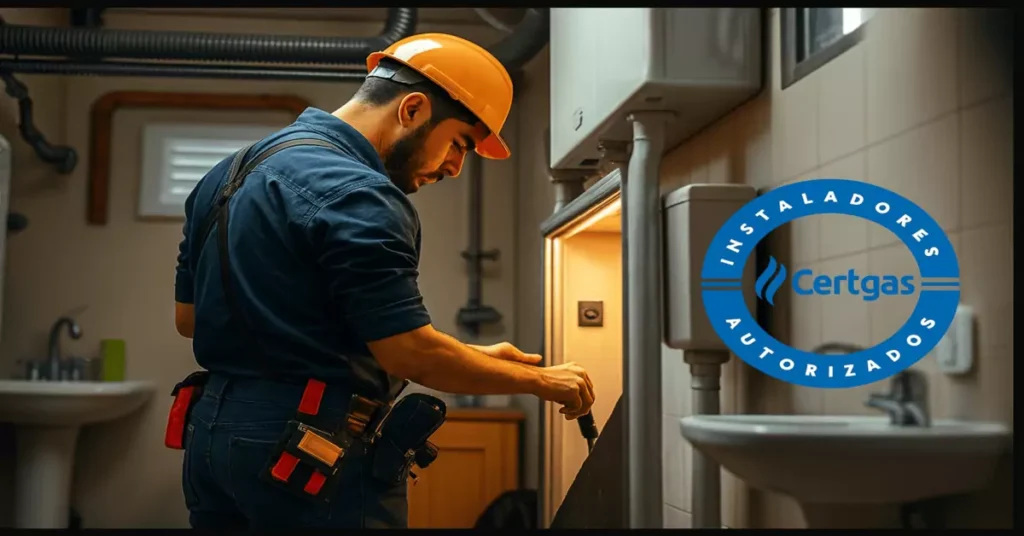 Técnico certificado revisando calefont en baño residencial