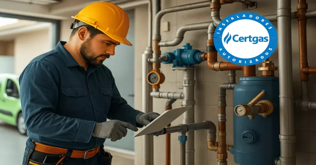 Técnico de gas certificado inspeccionando red de cañerías con tablet en instalación industrial