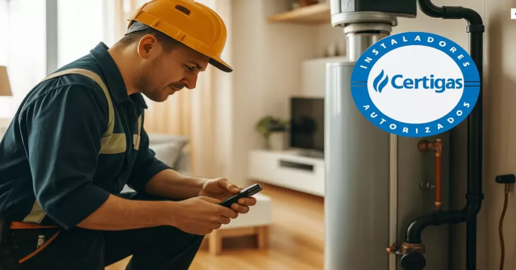 Técnico certificado revisando calefont en domicilio, servicio de gasfitería en Villa Alemana.