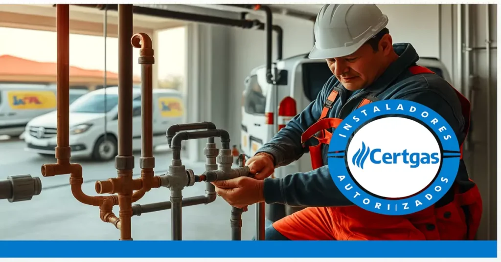 Técnico gasfiter certificado manipulando red de gas con logo de Certgas superpuesto.