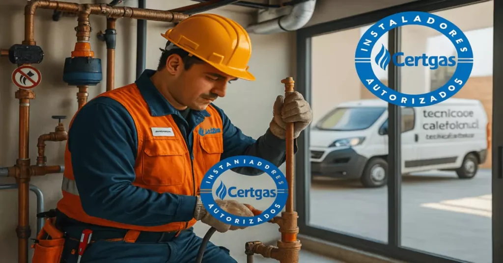 Técnico en gasfitería realizando instalación de cañerías de gas junto a furgón de servicio Certgas.