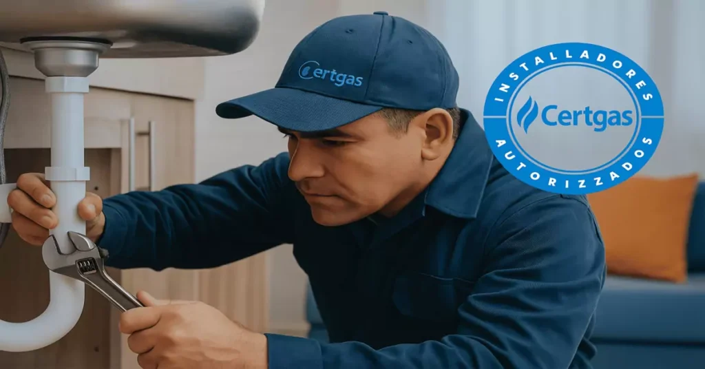 Técnico gasfiter realizando reparación en una casa en Villa Alemana con logo Certgas visible